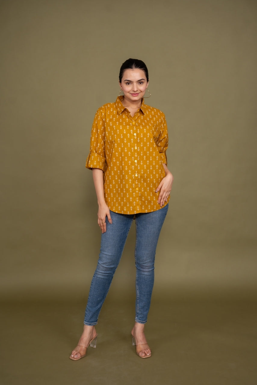 Women Pure Cotton Mustard Ikat printed relaxed fit shirt, front view
