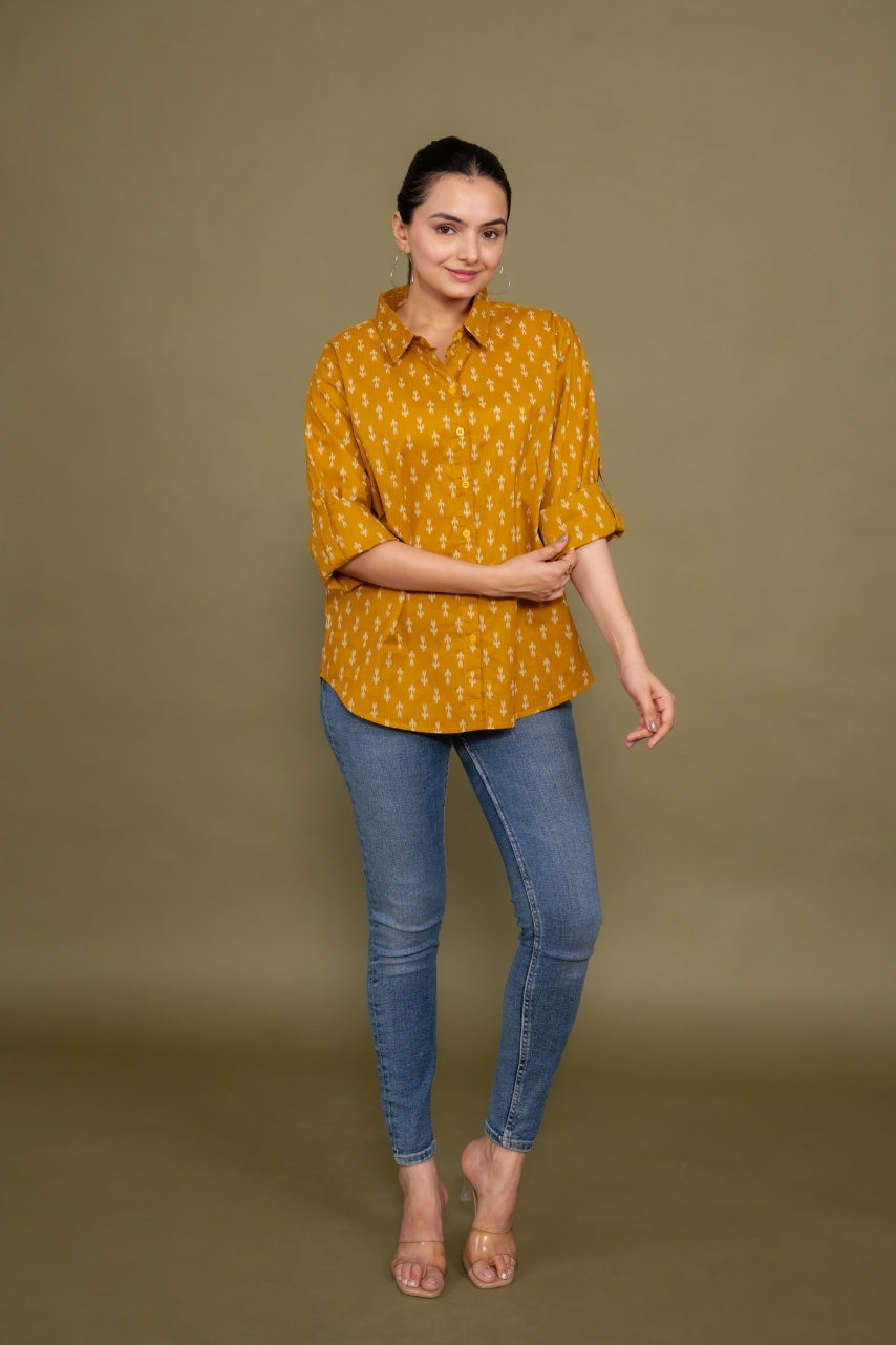 Women Pure Cotton Mustard Ikat printed relaxed fit shirt, front view 2