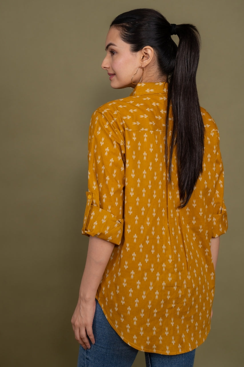 Women Pure Cotton Mustard Ikat printed relaxed fit shirt, back view