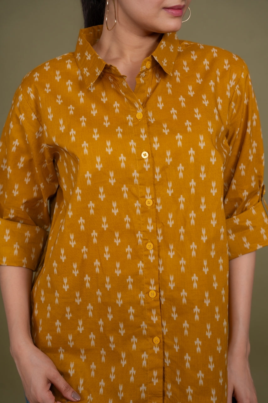 Women Pure Cotton Mustard Ikat printed relaxed fit shirt, detailed view