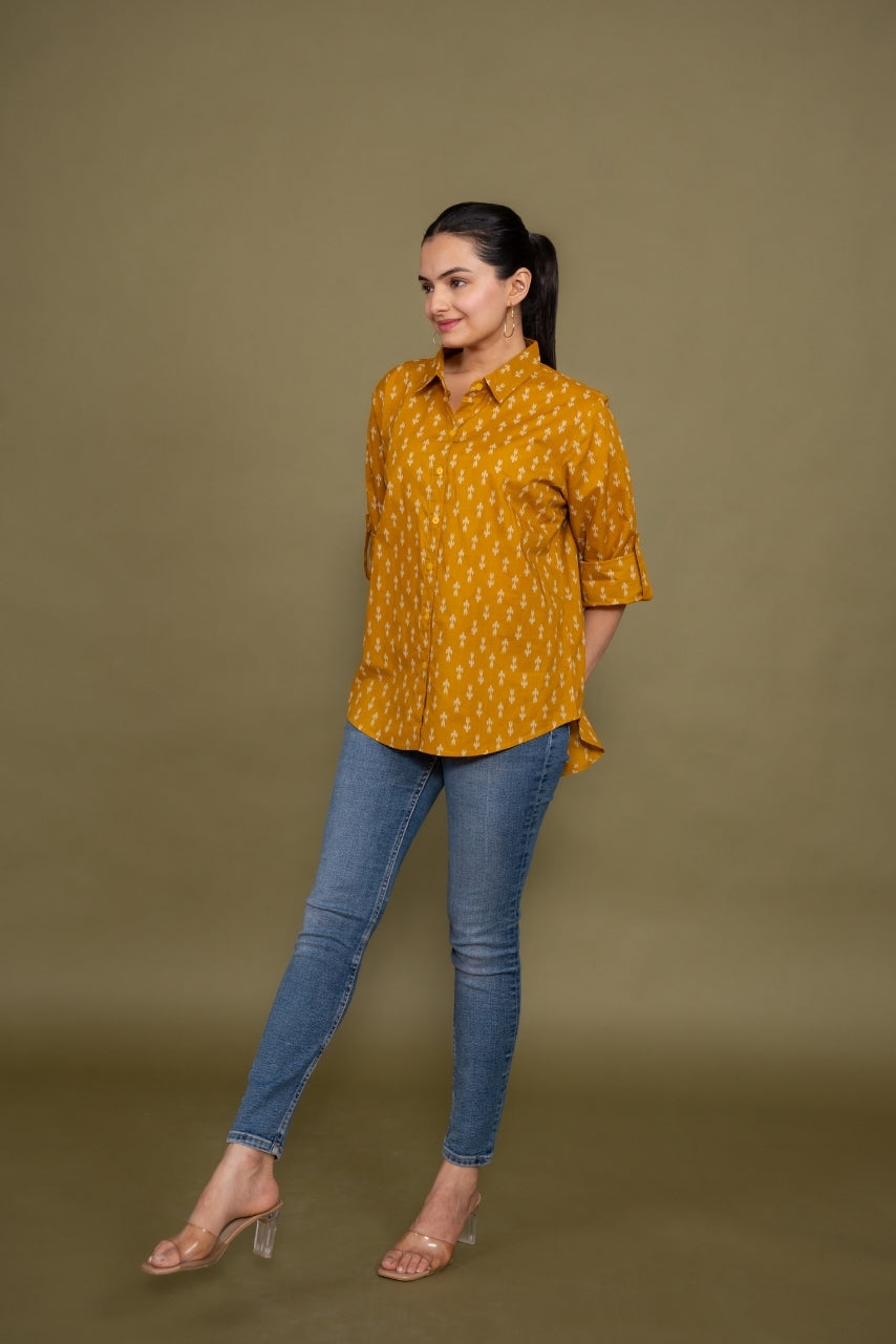 Women Pure Cotton Mustard Ikat printed relaxed fit shirt, front view 5
