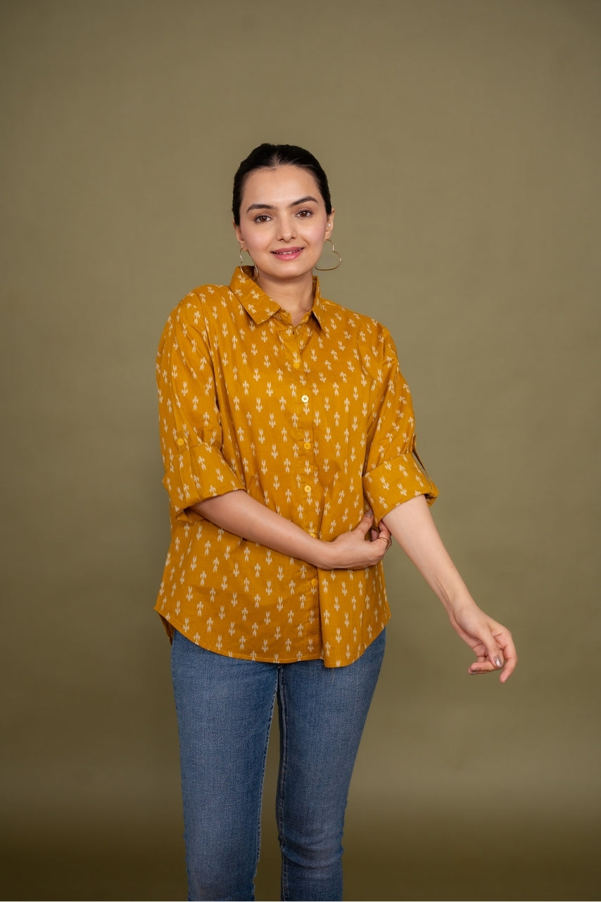 Women Pure Cotton Mustard Ikat printed relaxed fit shirt, front view 6
