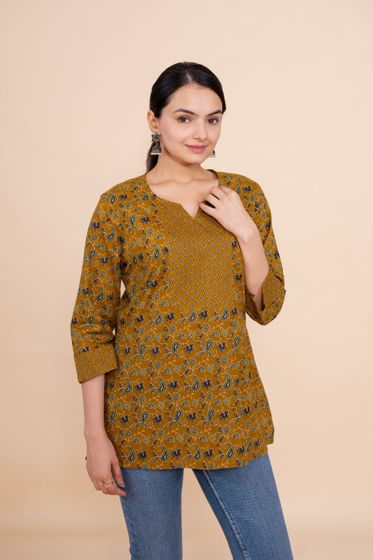 Women mustard floral designer printed cotton tunic top short kurti, front view