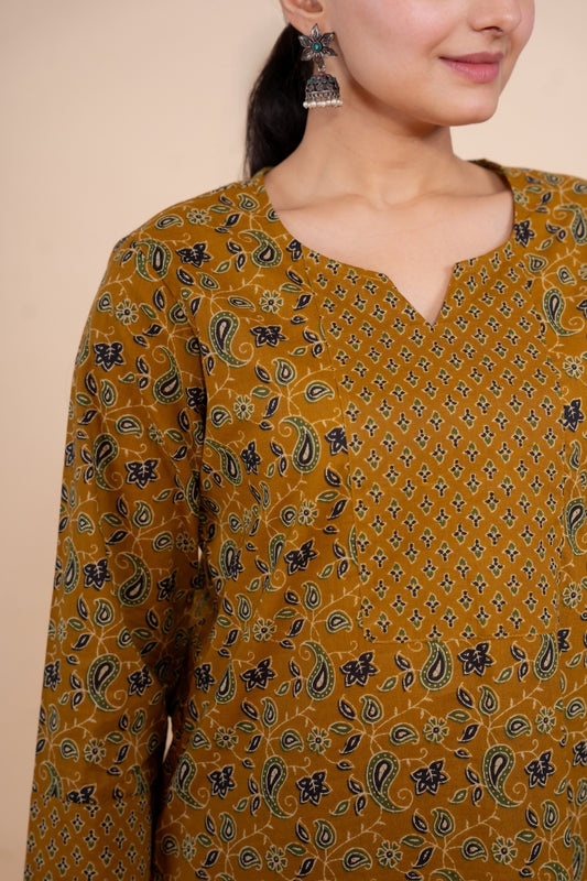 Women mustard floral designer printed cotton tunic top short kurti, detailed view