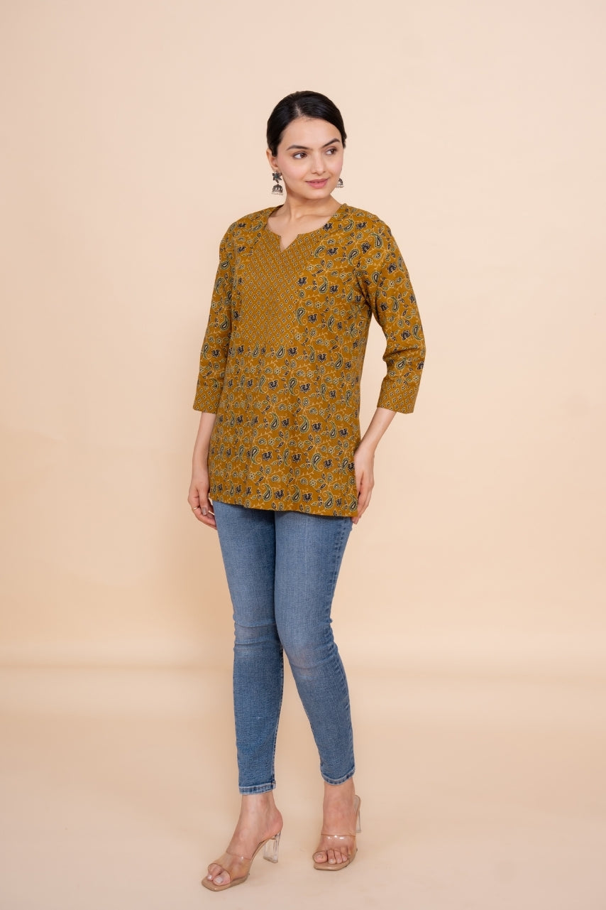 Women mustard floral designer printed cotton tunic top short kurti, front view 4