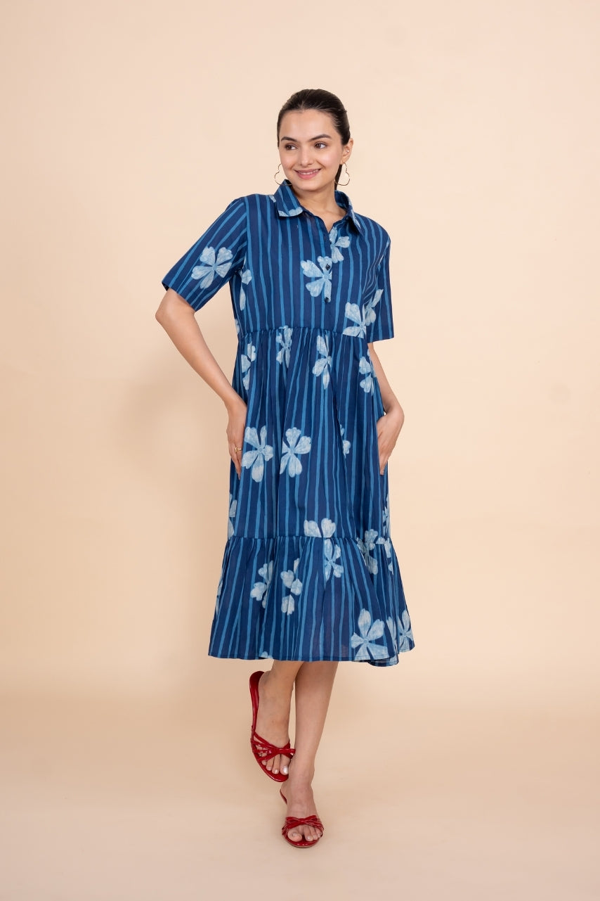 Women printed blue floral designer pure cotton midi dress, front view