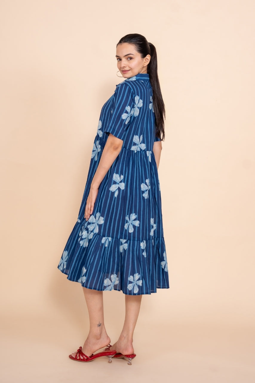 Women printed blue floral designer pure cotton midi dress, back view