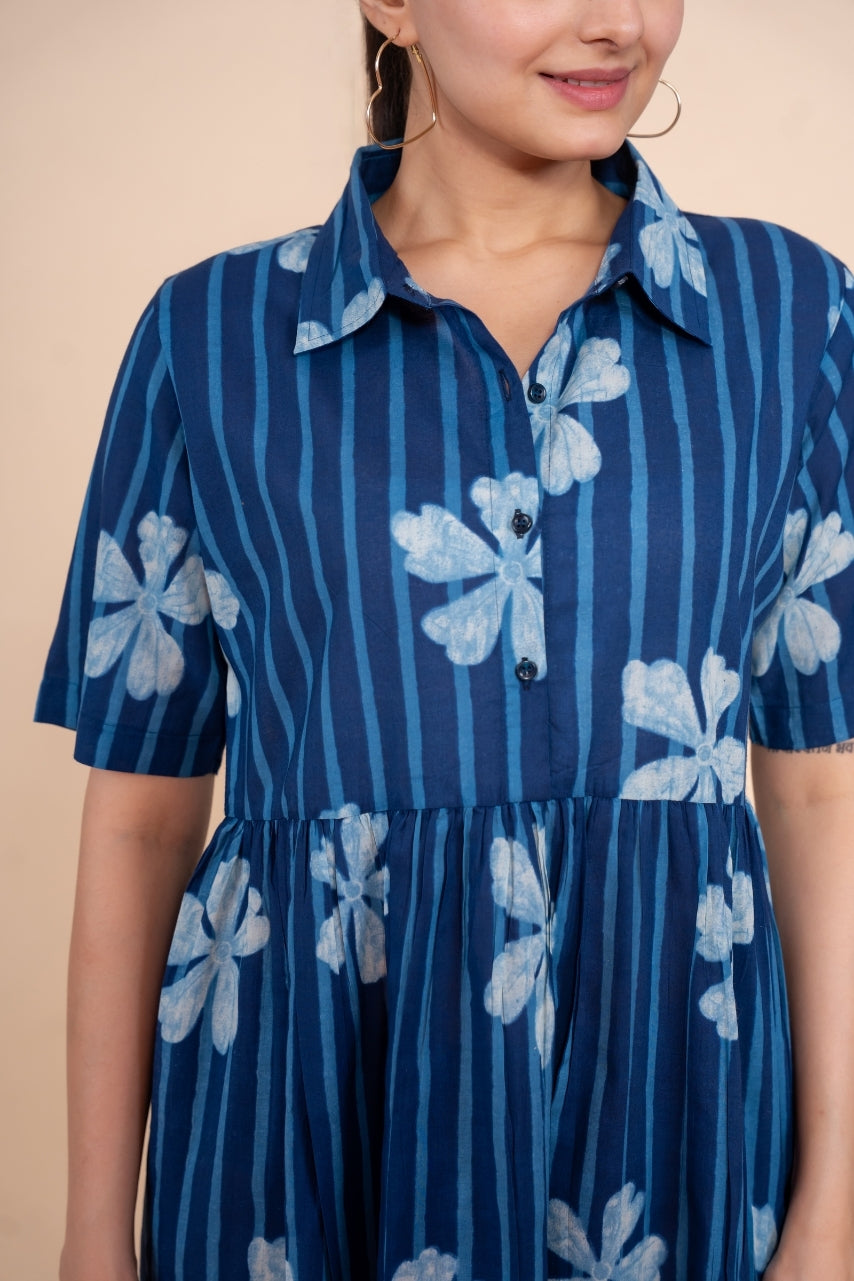 Women printed blue floral designer pure cotton midi dress, detailed view