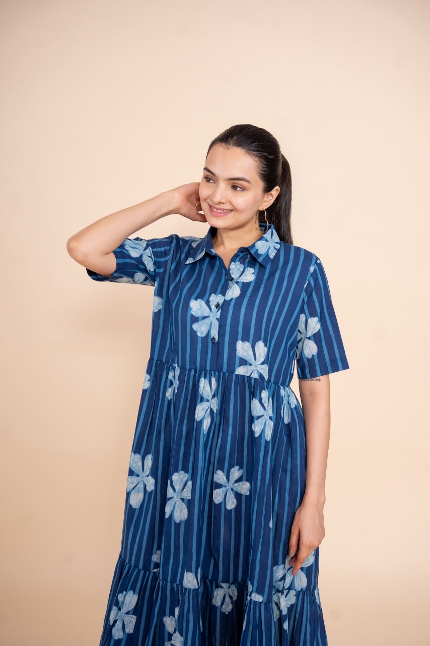 Women printed blue floral designer pure cotton midi dress, front view 2