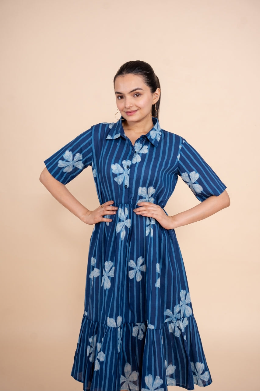 Women printed blue floral designer pure cotton midi dress, front view 3