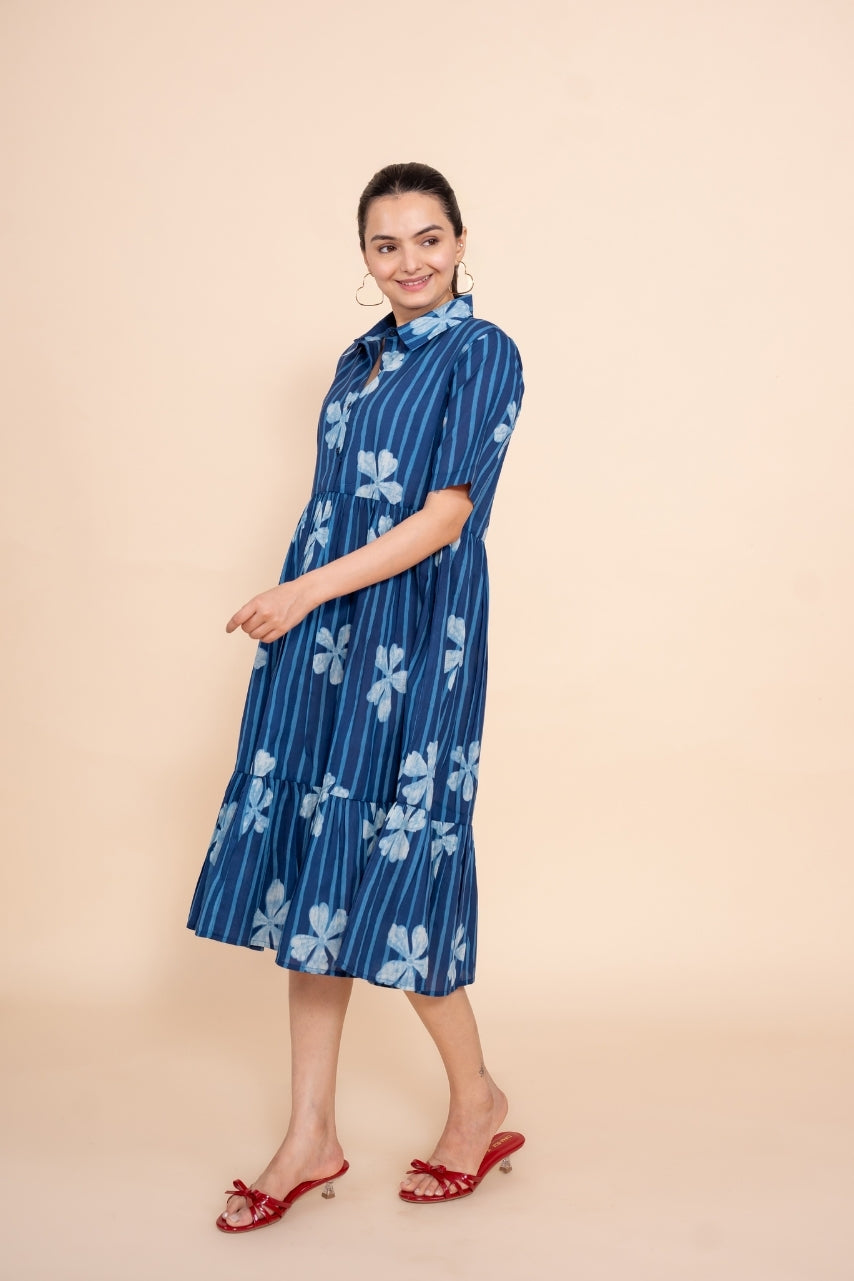 Women printed blue floral designer pure cotton midi dress, side view 2
