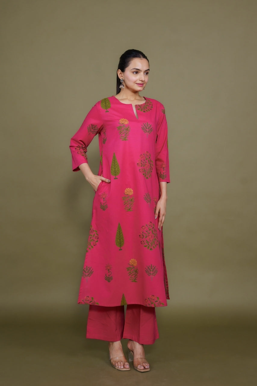 Women rani designer printed floral pure cotton Co-Ord Set, front view