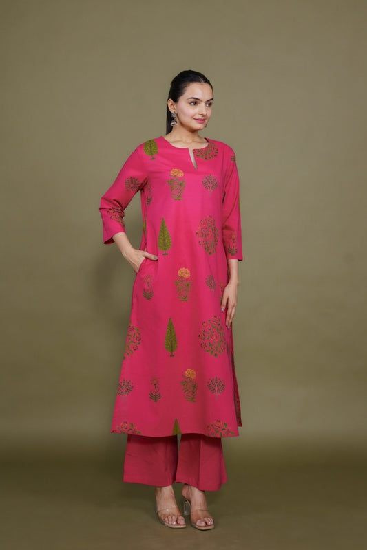 Women rani designer printed floral pure cotton Co-Ord Set, front view