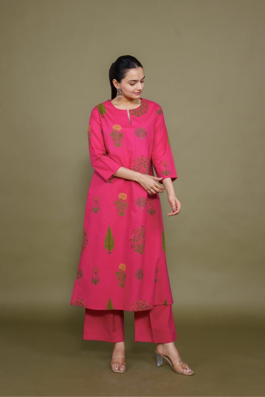 Women rani designer printed floral pure cotton Co-Ord Set, front view 3