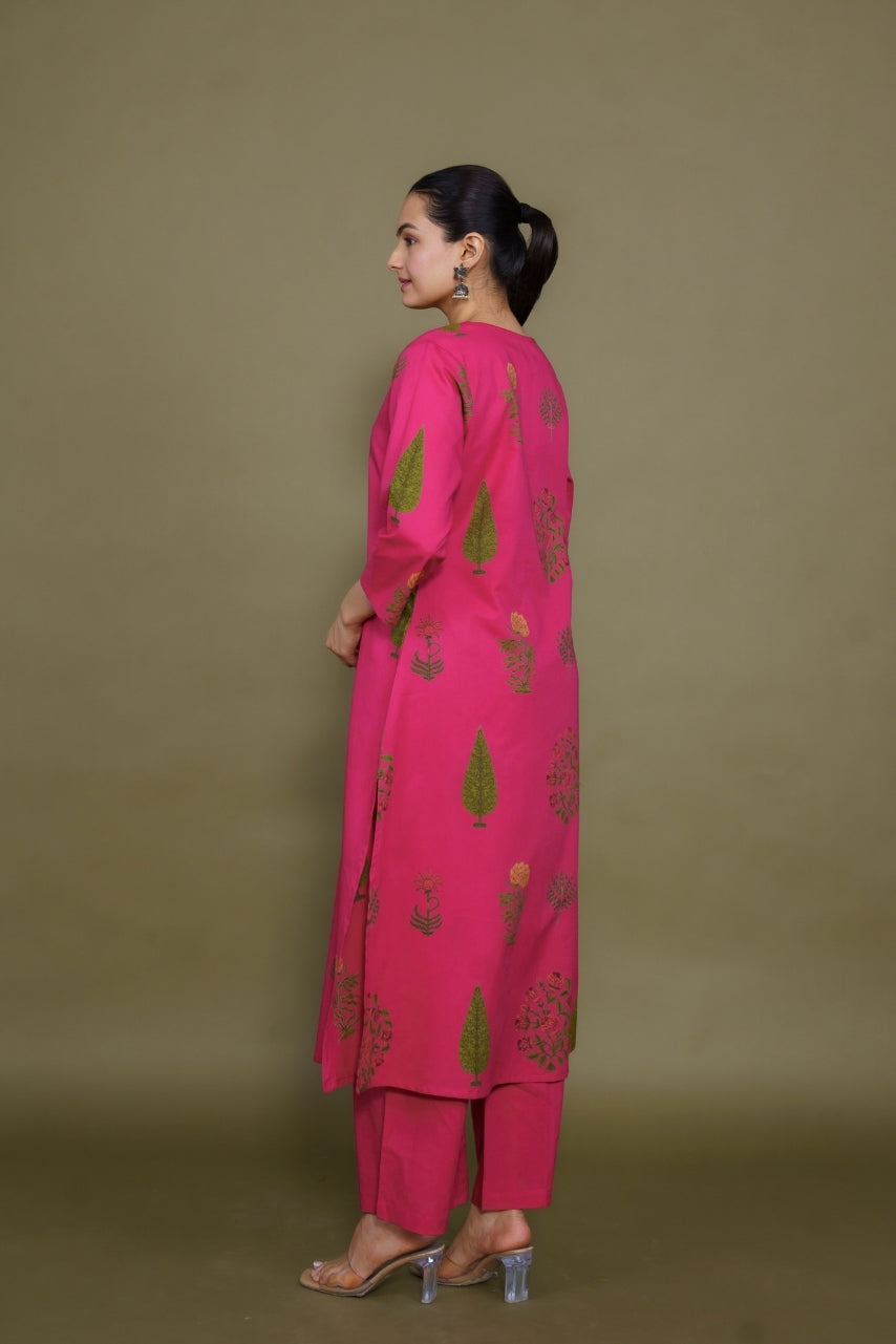 Women rani designer printed floral pure cotton Co-Ord Set, side back view