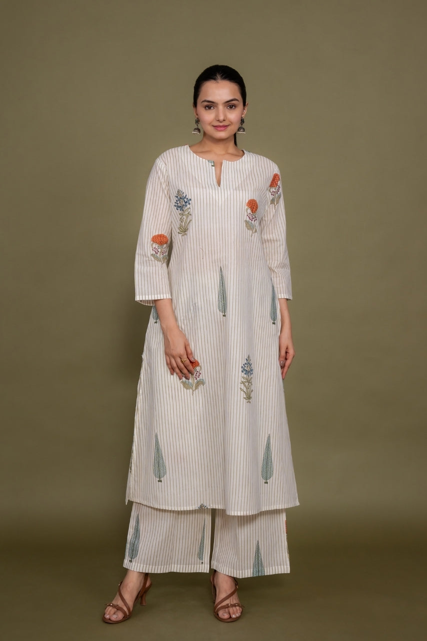 Women white lines designer printed floral pure cotton Co-Ord Set, front view