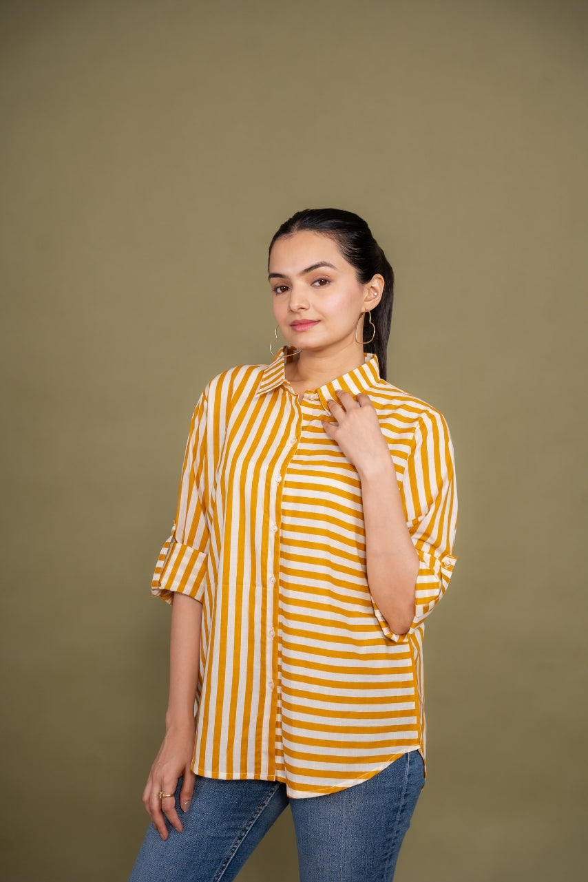Women Pure Cotton yellow white stripes printed relaxed fit shirt, side view