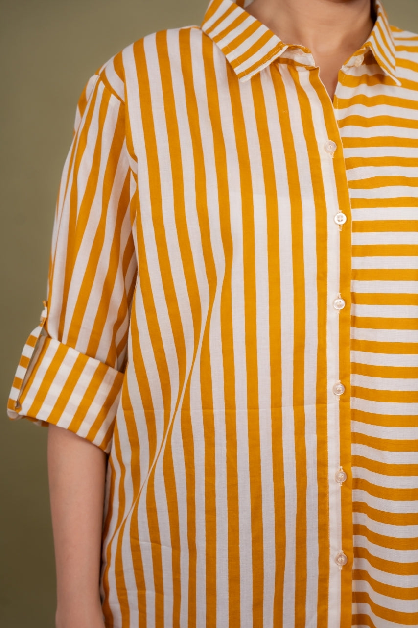Women Pure Cotton yellow white stripes printed relaxed fit shirt, detailed view 