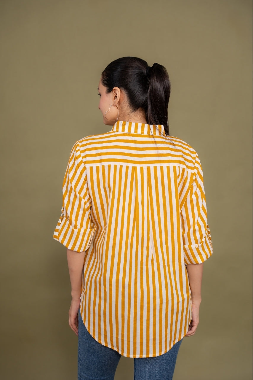 Women Pure Cotton yellow white stripes printed relaxed fit shirt, back view