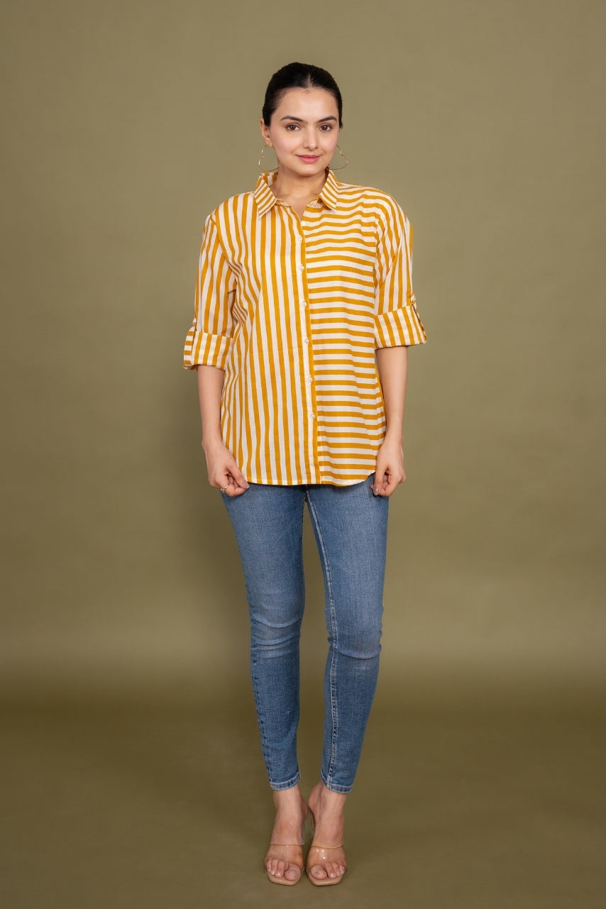 Women Pure Cotton yellow white stripes printed relaxed fit shirt, front view 5