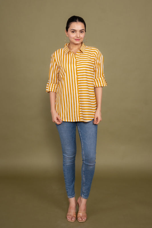Women Pure Cotton yellow white stripes printed relaxed fit shirt, front view 5