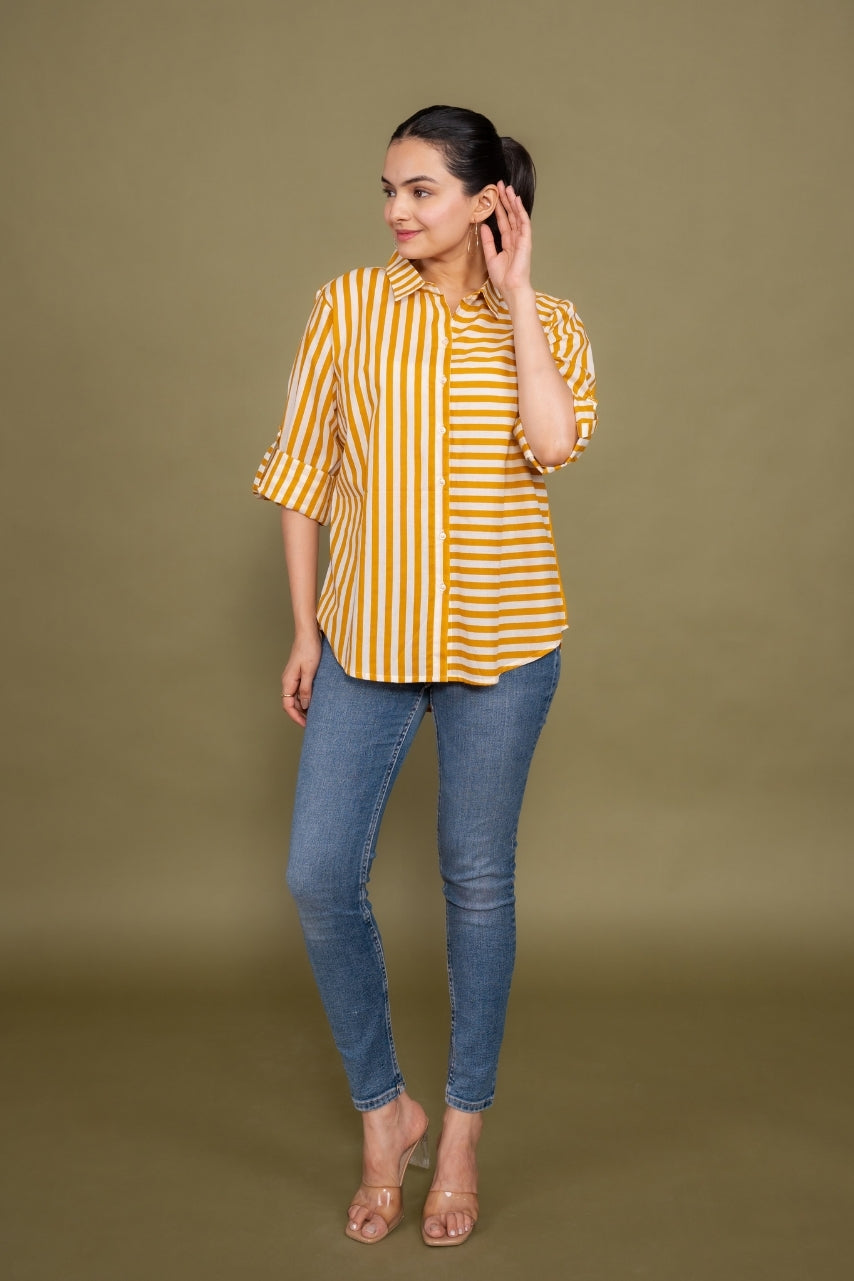 Women Pure Cotton yellow white stripes printed relaxed fit shirt, front view 6