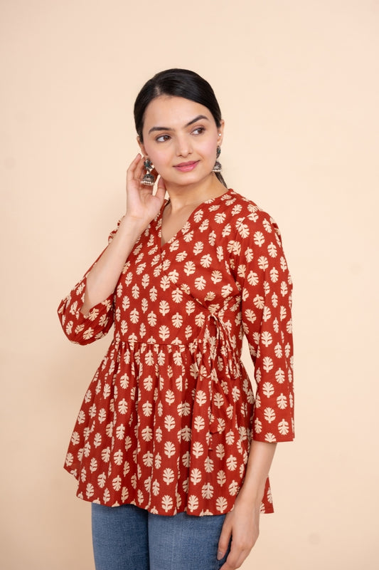 Women red floral angrakha printed cotton tunic top short kurti, front side view