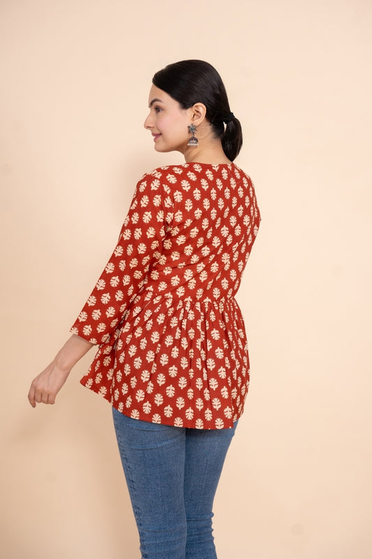 Women red floral angrakha printed cotton tunic top short kurti, back view