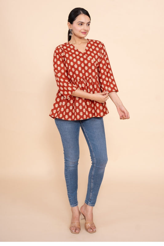 Women red floral angrakha printed cotton tunic top short kurti, front view 2