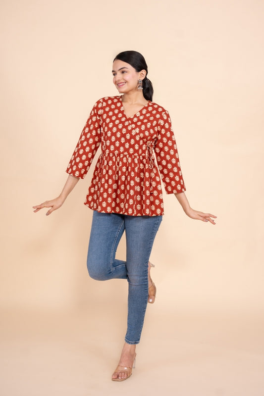 Women red floral angrakha printed cotton tunic top short kurti, front view 3