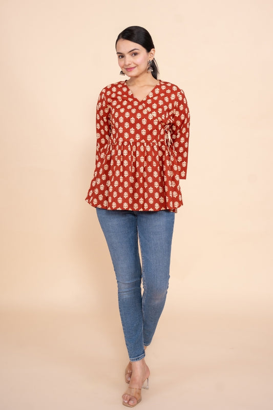 Women red floral angrakha printed cotton tunic top short kurti, front view 4