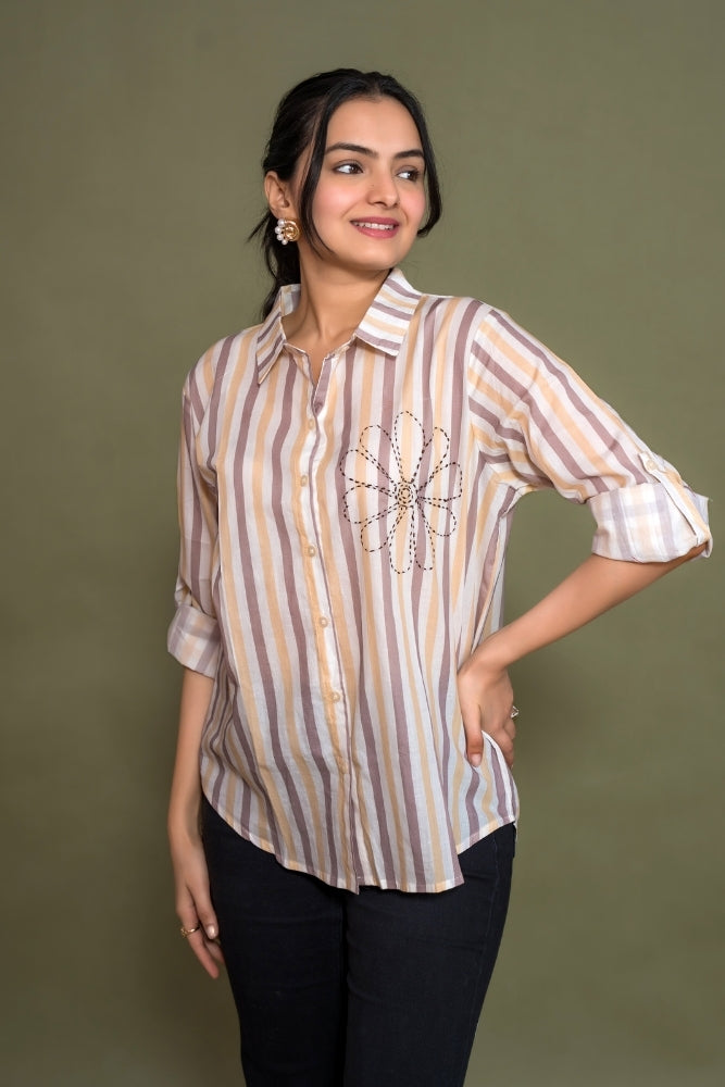 Ekisha women cotton white brown color stripes printed embroidered relaxed fit shirt, front view