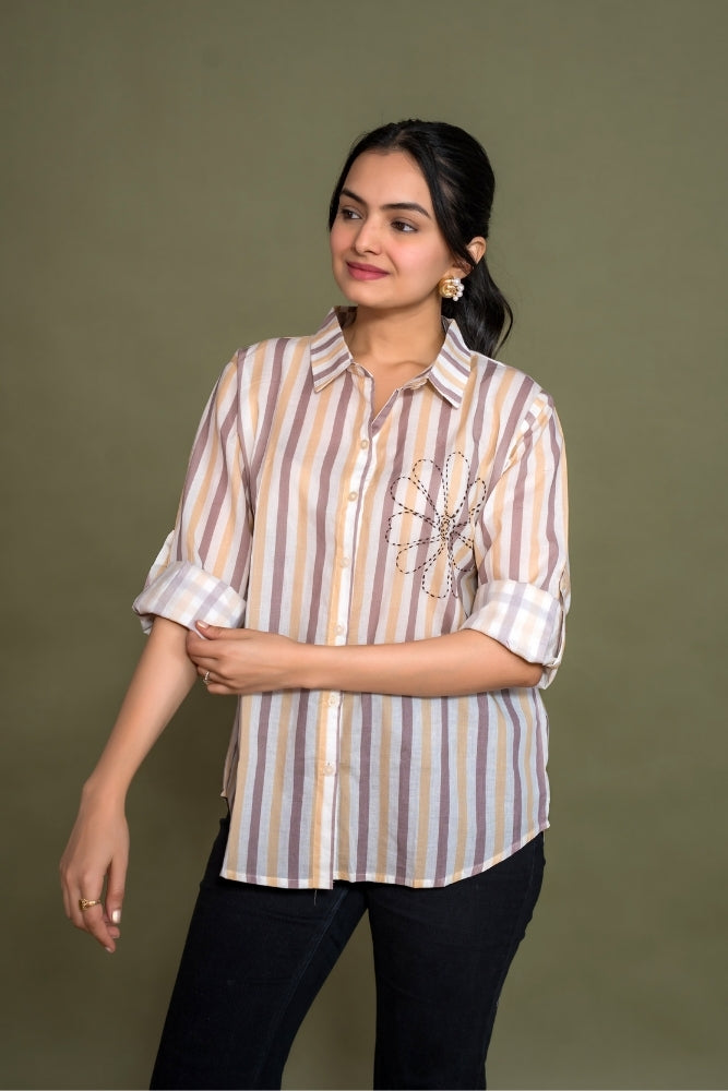 Ekisha women cotton white brown color stripes printed embroidered relaxed fit shirt, front view 4