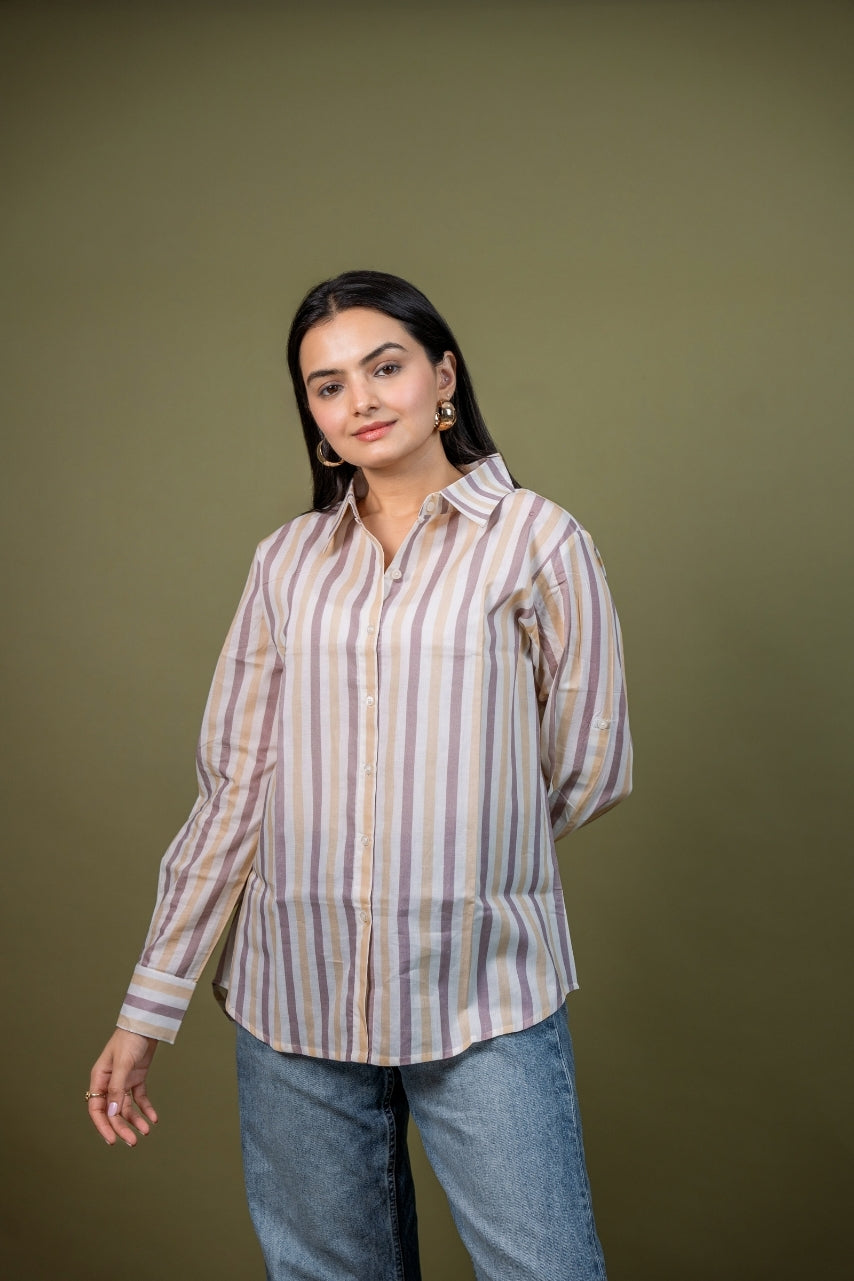 Women cotton white brown stripes relaxed fit shirt, front view