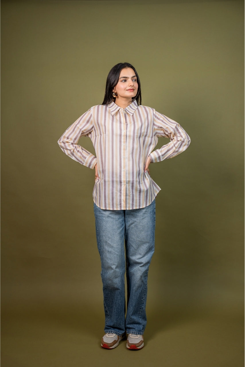 Women cotton white brown stripes relaxed fit shirt, front view 3