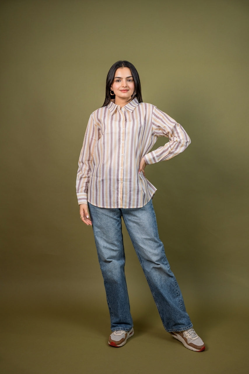 Women cotton white brown stripes relaxed fit shirt, front view 2