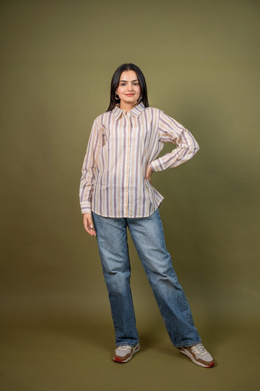 Women cotton white brown stripes relaxed fit shirt, front view 2