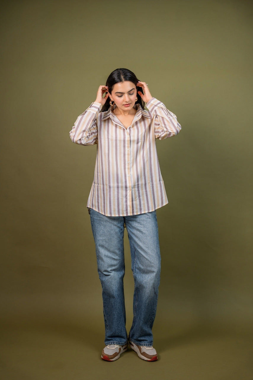Women cotton white brown stripes relaxed fit shirt, front view 4