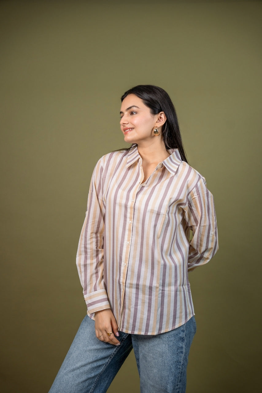 Women cotton white brown stripes relaxed fit shirt, side view