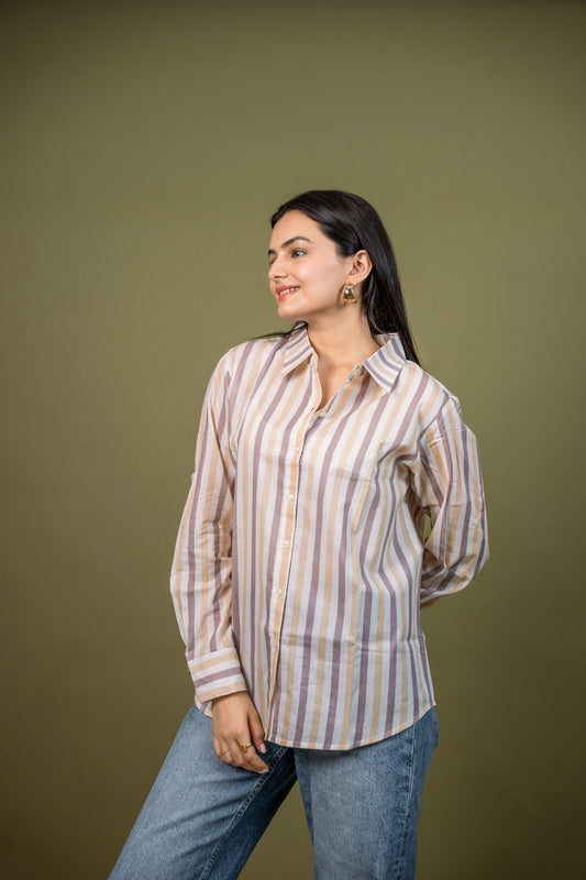Women cotton white brown stripes relaxed fit shirt, side view