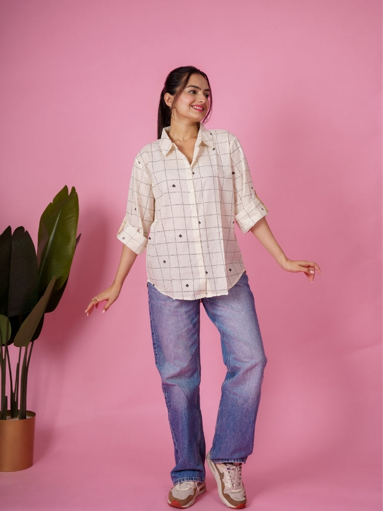 Ekisha women cotton white checks printed relaxed fit shirt, front view 4