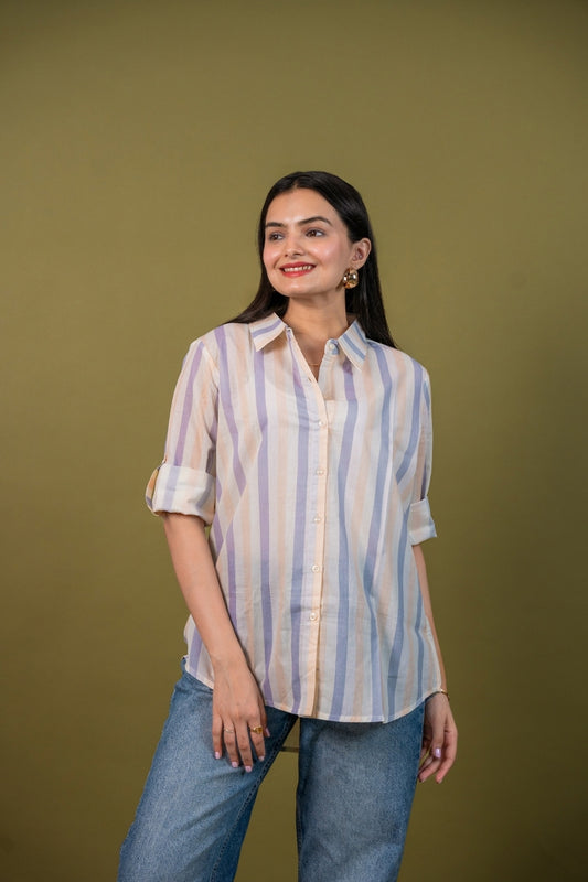 Women cotton white multicolor stripes relaxed fit shirt, front view