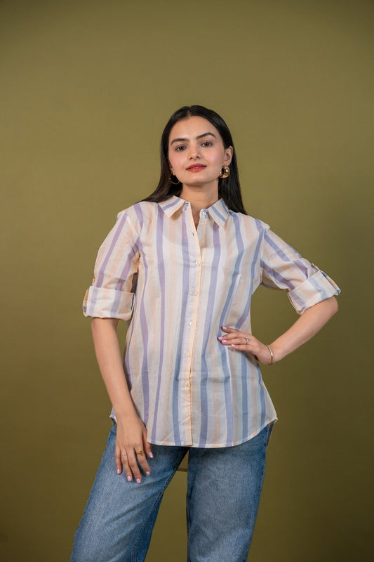 Women cotton white multicolor stripes relaxed fit shirt, front view 2