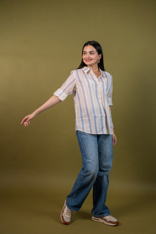 Women cotton white multicolor stripes relaxed fit shirt, front view 3