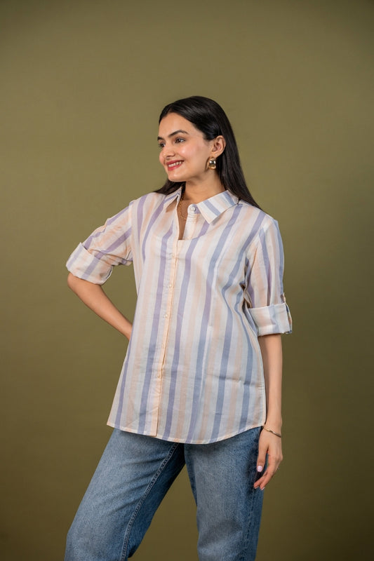 Women cotton white multicolor stripes relaxed fit shirt, side view 2