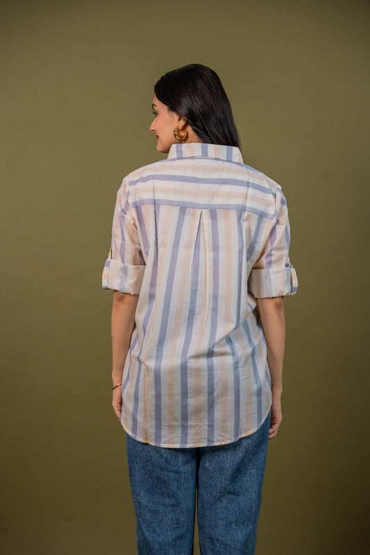 Women cotton white multicolor stripes relaxed fit shirt, back view