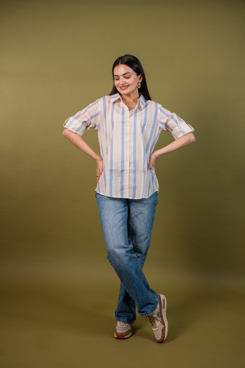 Women cotton white multicolor stripes relaxed fit shirt, front view 3