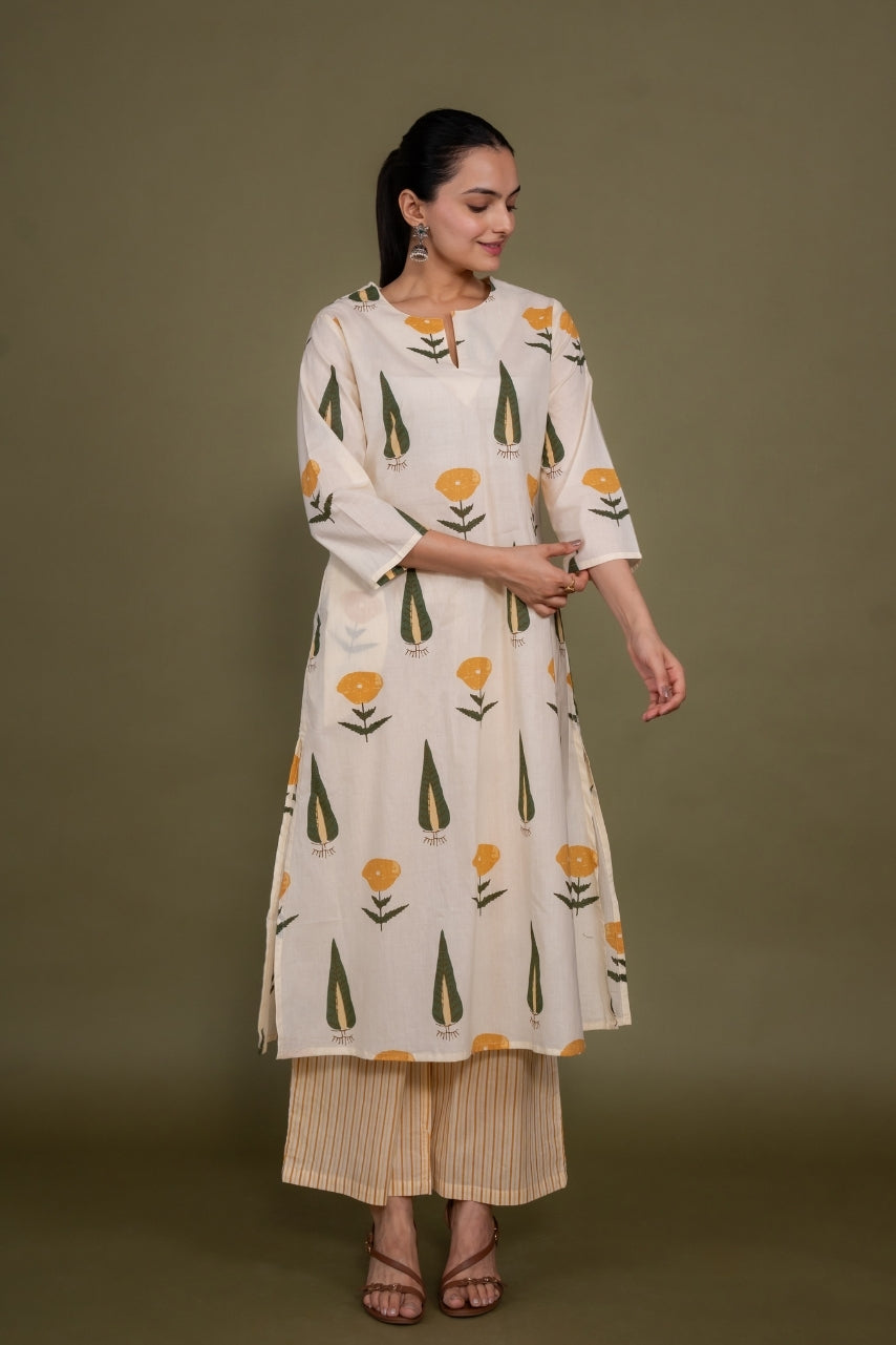 Women cream designer printed floral pure cotton Co-Ord Set, front view