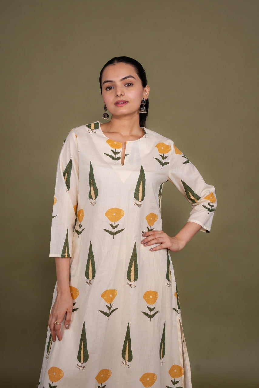 Women cream designer printed floral pure cotton Co-Ord Set, front view 2