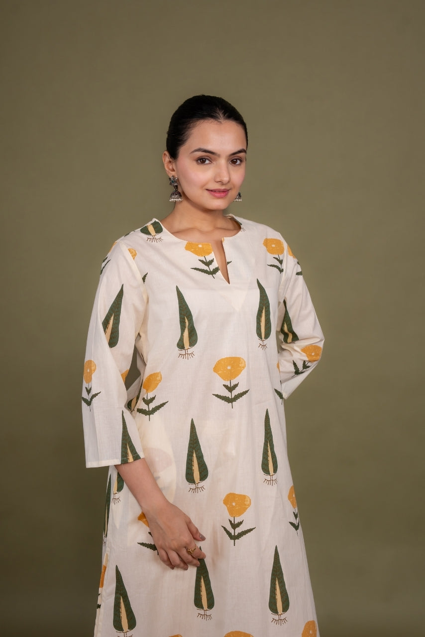 Women cream designer printed floral pure cotton Co-Ord Set, side front view